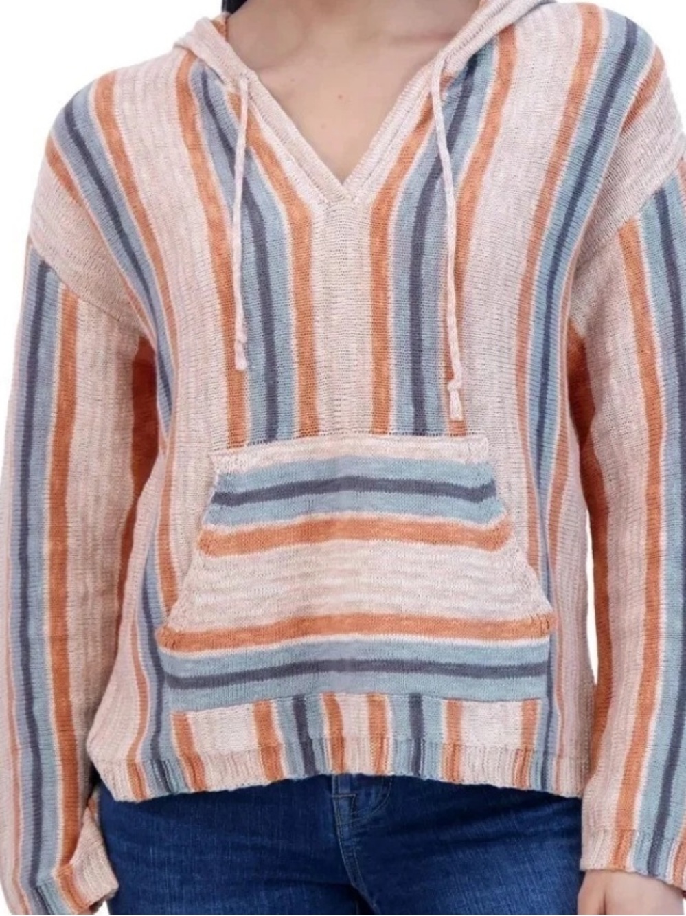 NWT Lucky Brand Baja Striped Hooded Knit sweater Top in Peach Blue Cream XL